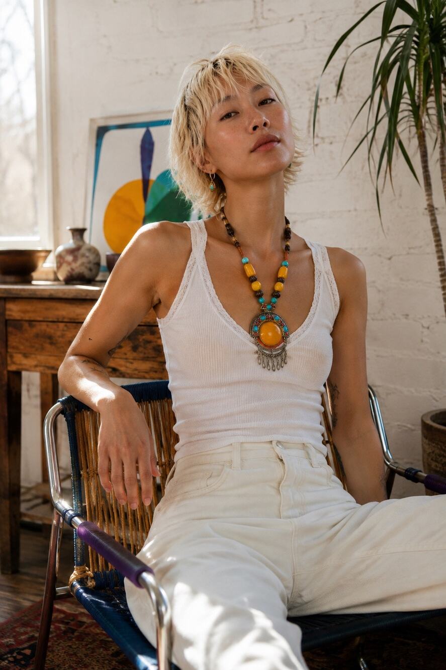 Boho Maximalist Yellow Turquoise Statement Pendant Necklace